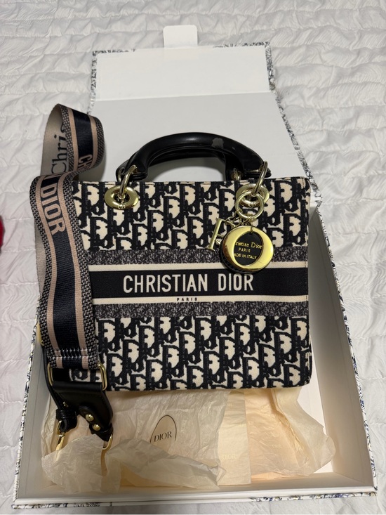 Dior Handbags - Dior Black & Cream Lady Dior Oblique Satchel with Strap